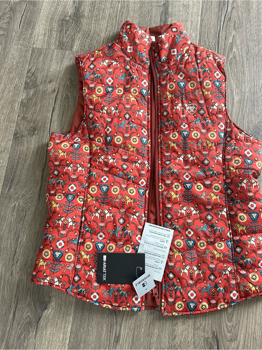 NWT Reversible Ariat Red Patterned Quilted Vest with Folk Print